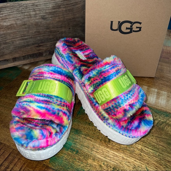 Ugg Fluffita bright multi color slippers. Slides. SZ. 8. NIB NWT - Picture 2 of 13